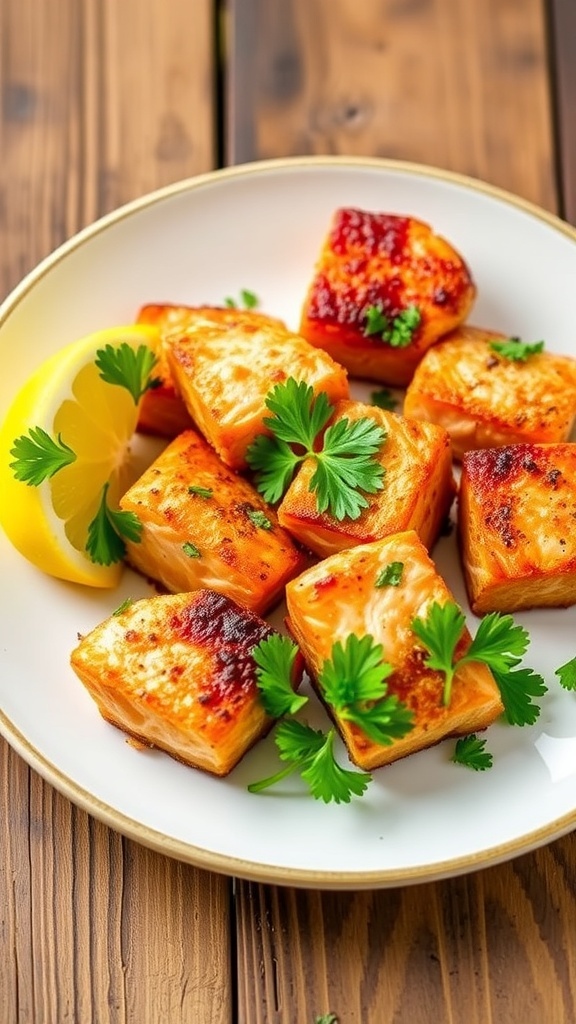 Crispy Air Fryer Salmon Chunks Recipe Crispy air fryer salmon chunks garnished with parsley and lemon on a rustic table.